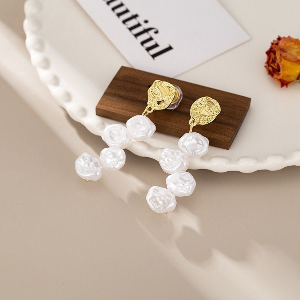 MYKI Gold & White Pearl Cluster Long Korean Dangle Earrings (MKERCH923CP-ANT)