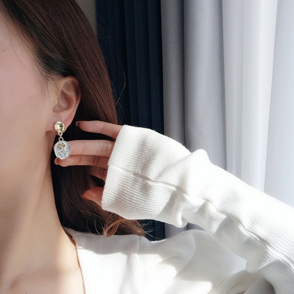 MYKI Gold White Love Coin Korean Drop Earrings (MKERCH897PI-ANT)