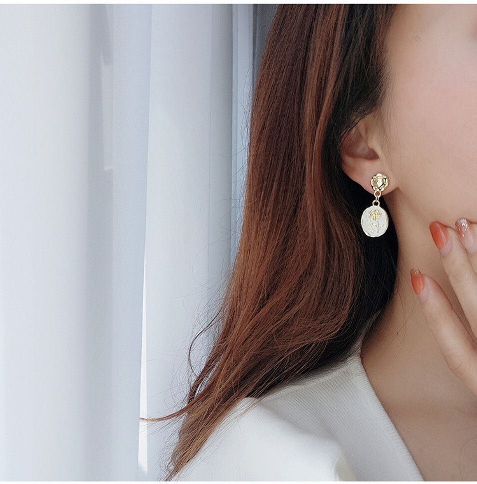 MYKI Gold White Love Coin Korean Drop Earrings (MKERCH897PI-ANT)
