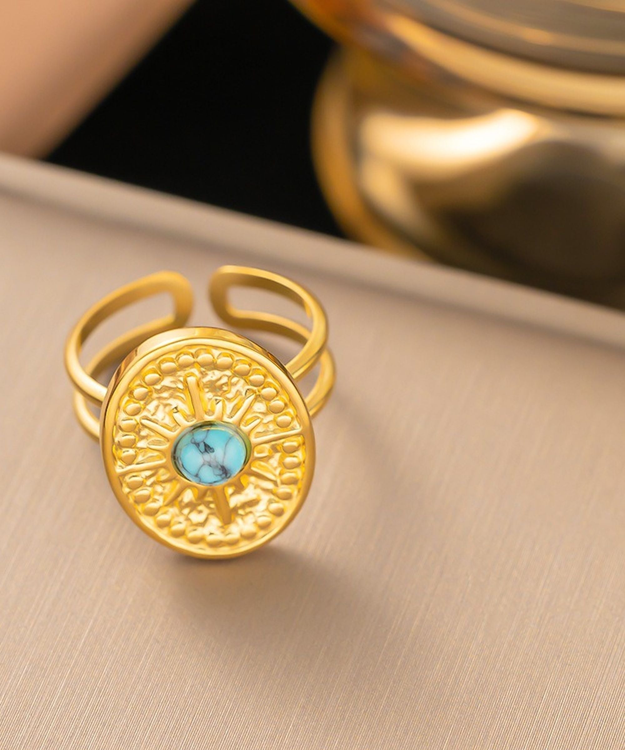 MYKI Gold-Plated Adjustable Ring with Turquoise Stone | Anti-Tarnish Finish (MKR714G-SSYI)