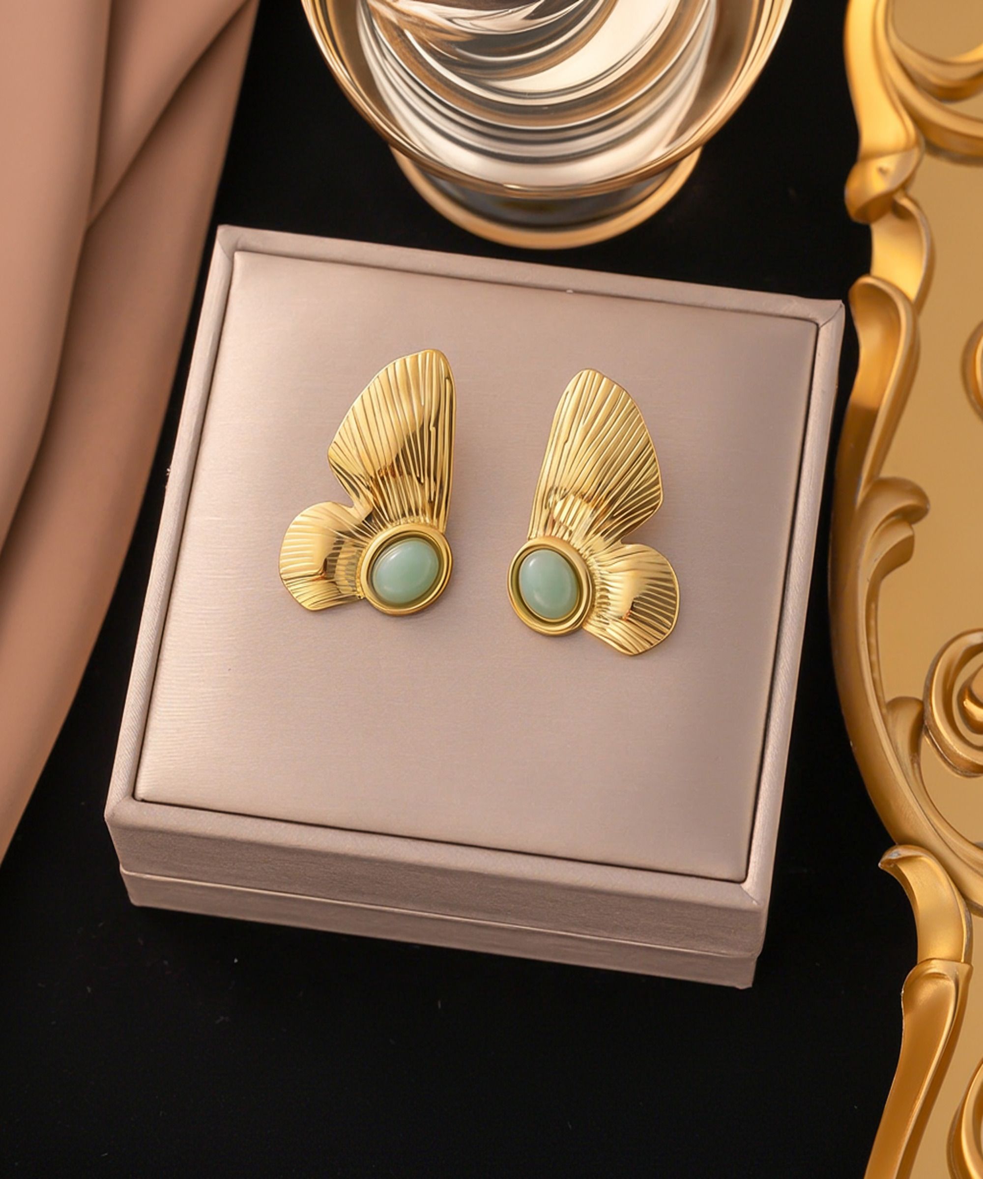 MYKI Gold Plated Anti-Tarnish Butterfly Green Stone Earrings (MKERCH977G-GREEN-SSYI)