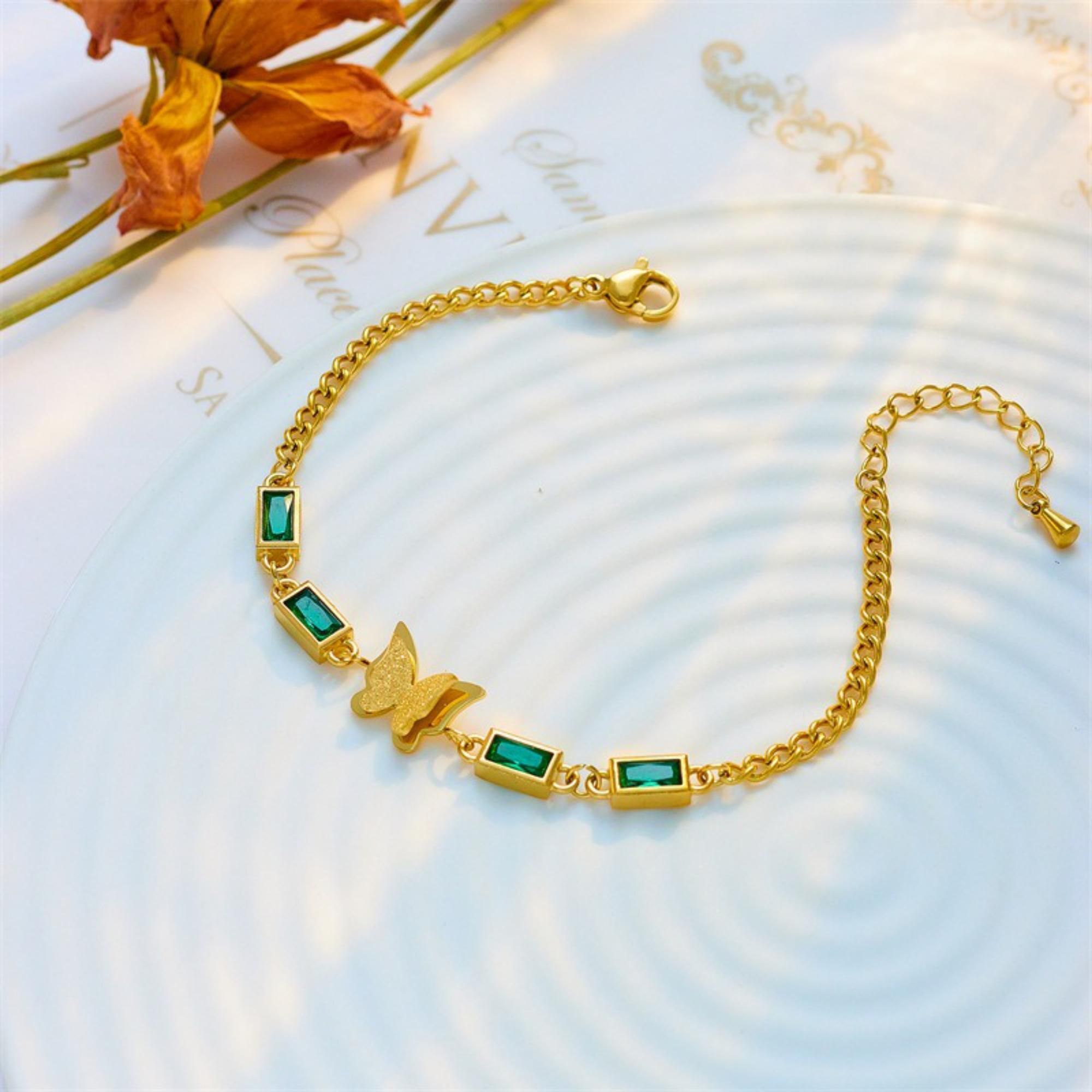 MYKI Gold-Plated Butterfly & Green Stone Bracelet | Anti-Tarnish(MKBRAD775G-GREEN-SSYI)