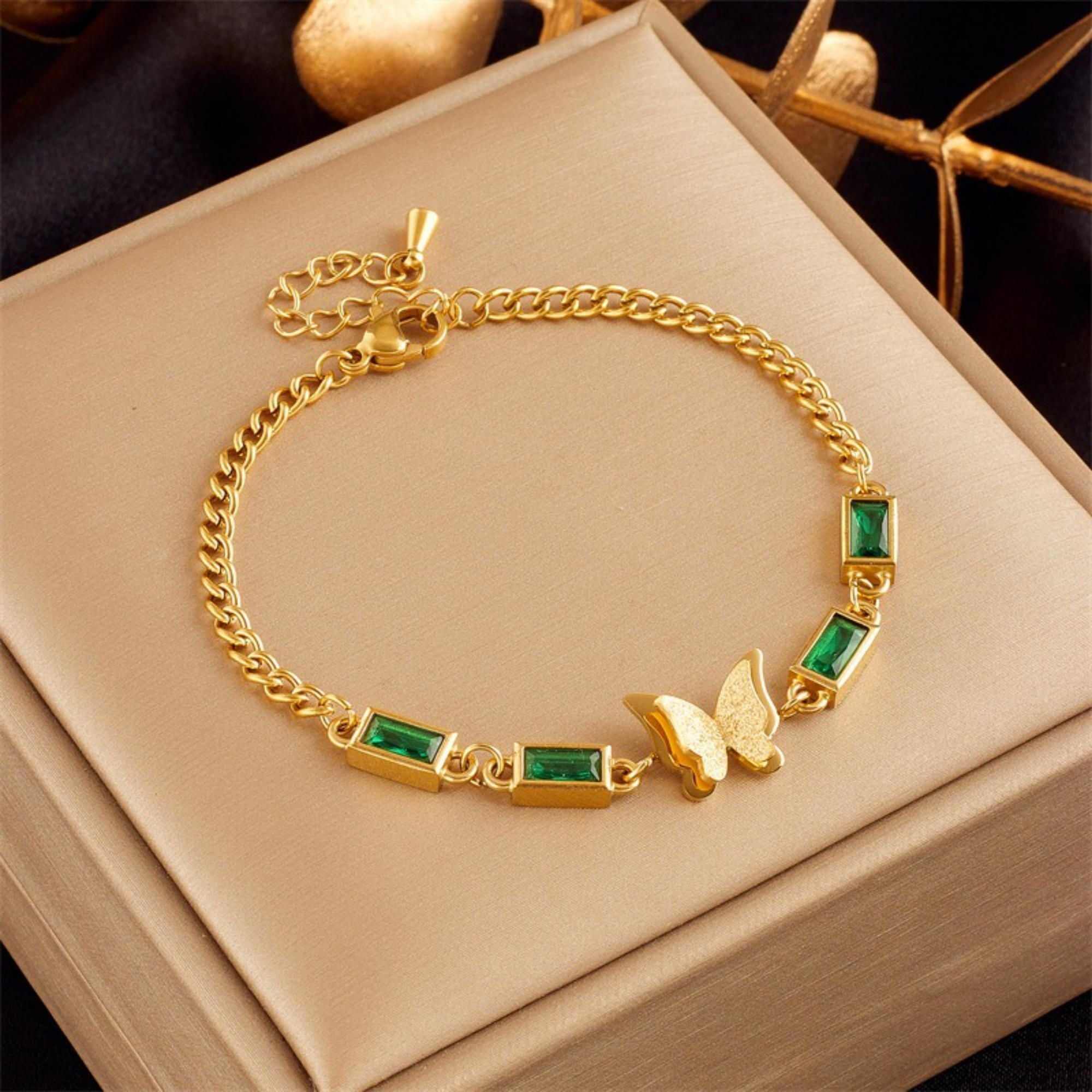 MYKI Gold-Plated Butterfly & Green Stone Bracelet | Anti-Tarnish(MKBRAD775G-GREEN-SSYI)