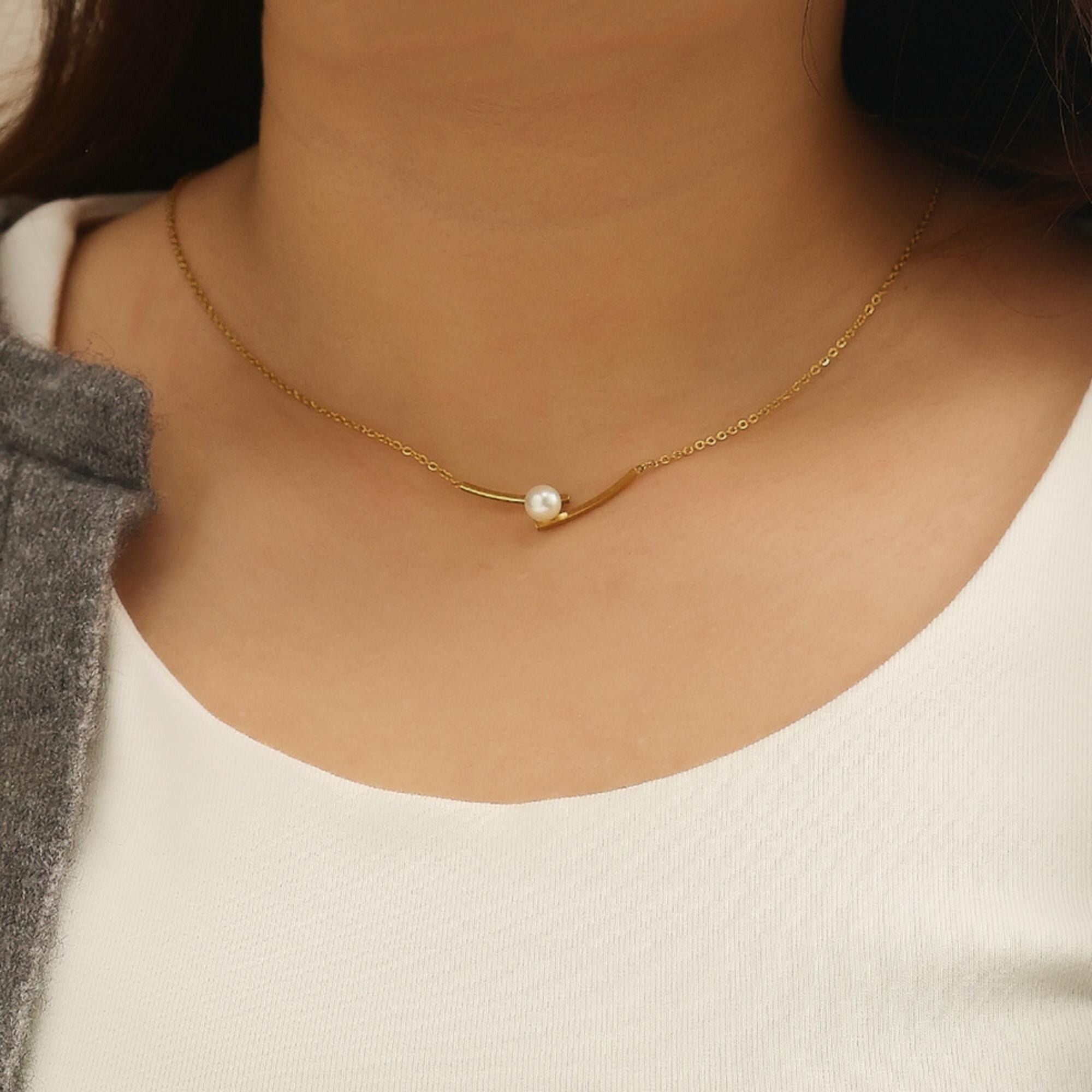 MYKI Anti-Tarnish Stainless Steel Gold Plated Pearl Accent Bar Necklace (MK791G-SSYI)