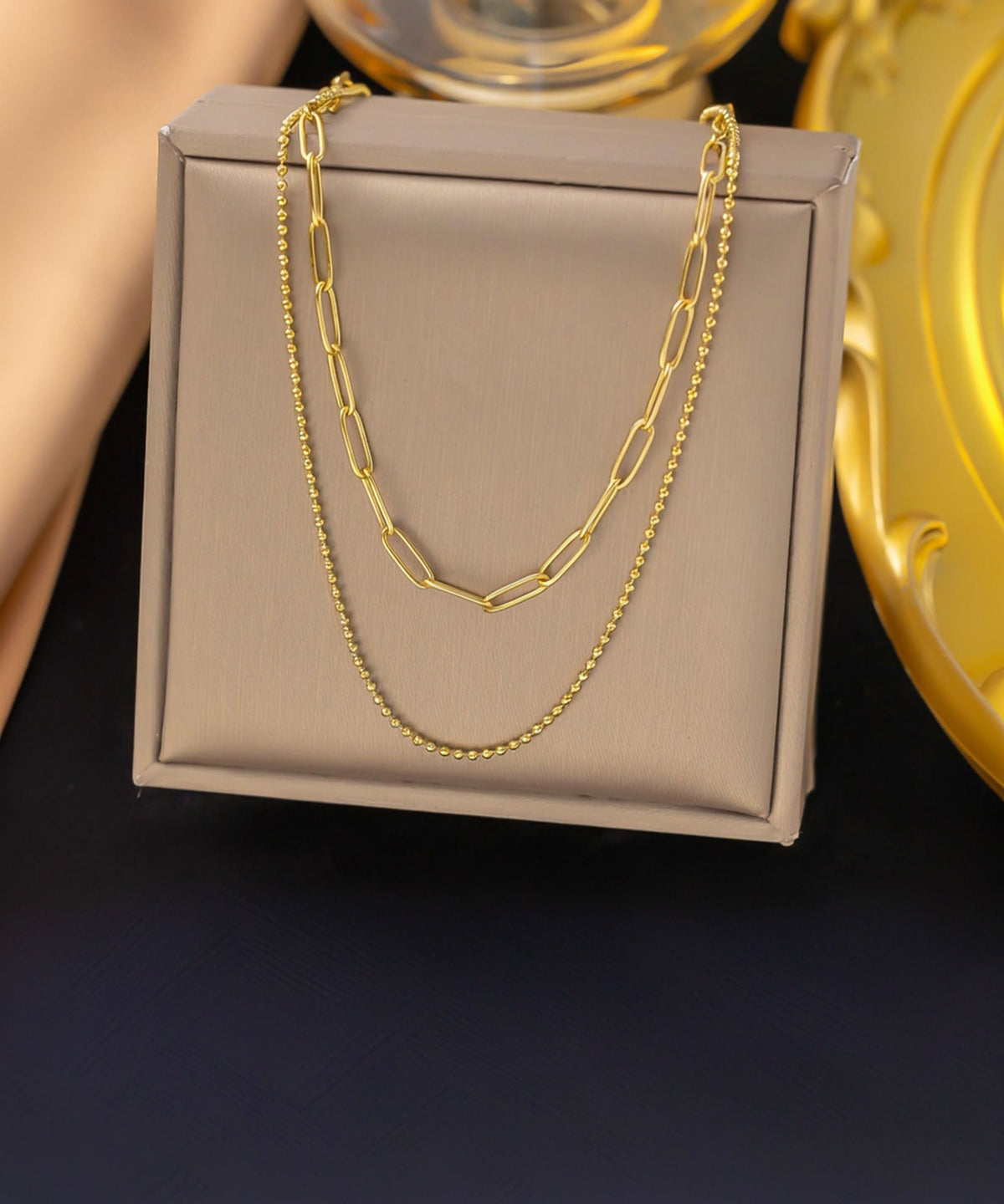 MYKI Paperclip & Bead Layer Necklace – Anti Tarnish Gold Plated Dual Chain (MK781G-SSYI)