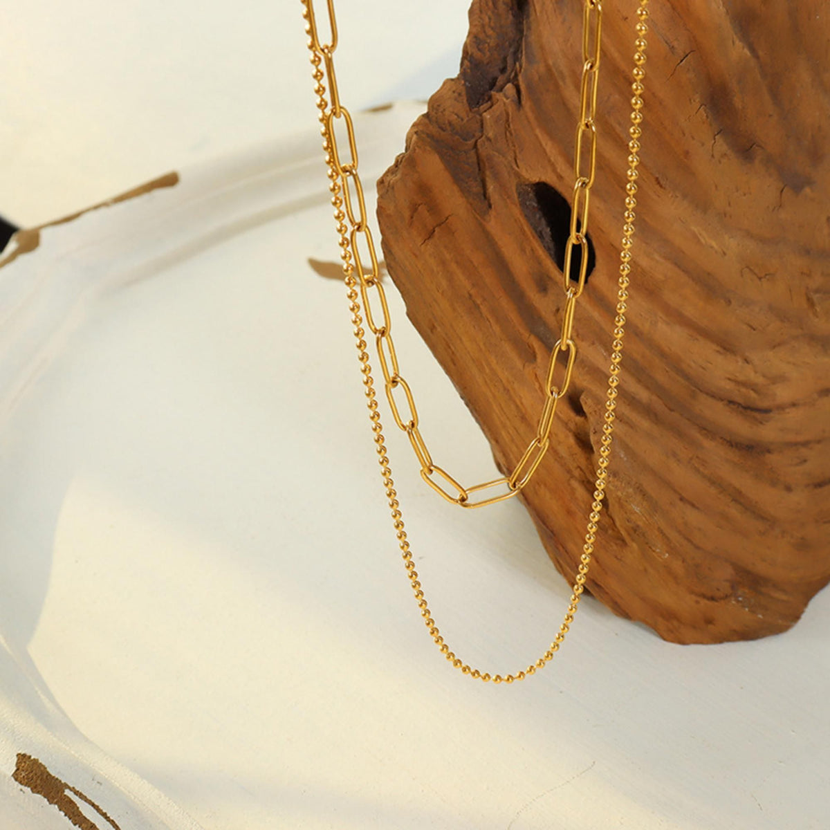 MYKI Paperclip & Bead Layer Necklace – Anti Tarnish Gold Plated Dual Chain (MK781G-SSYI)