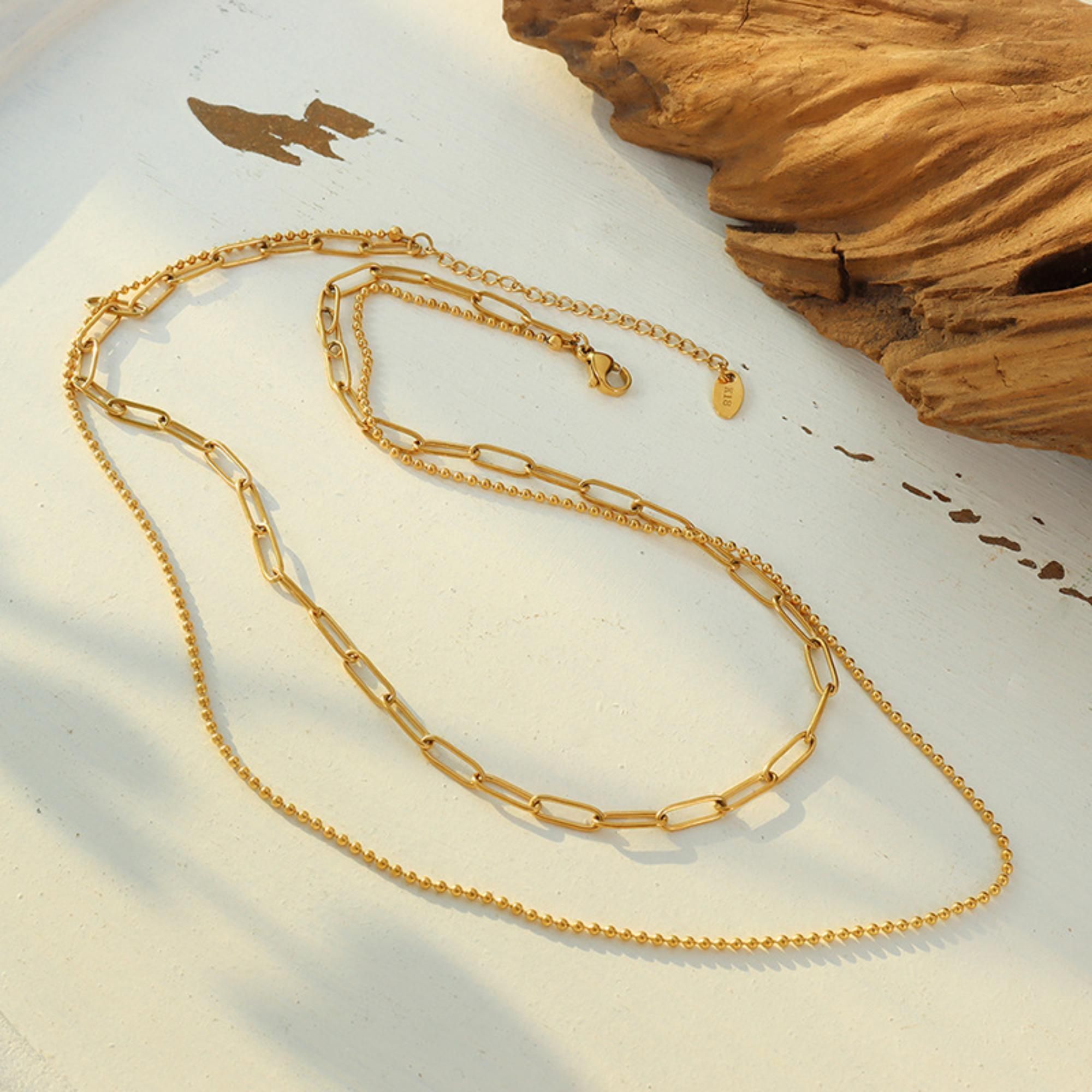MYKI Paperclip & Bead Layer Necklace – Anti Tarnish Gold Plated Dual Chain (MK781G-SSYI)