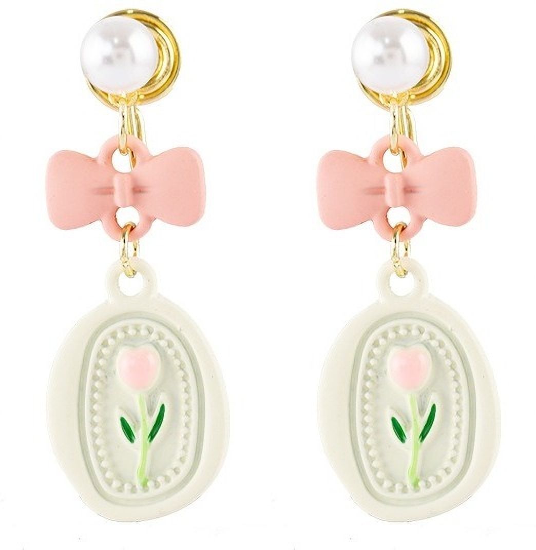 MYKI Pastel Pink Floral Bow Korean Earrings | Pearl Stud Design (MKERCH832PI-ANT)