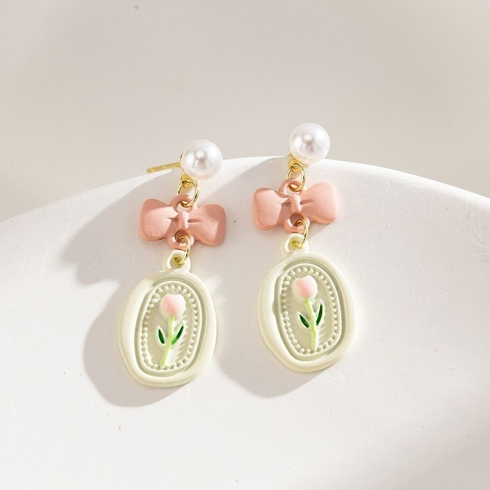 MYKI Pastel Pink Floral Bow Korean Earrings | Pearl Stud Design (MKERCH832PI-ANT)