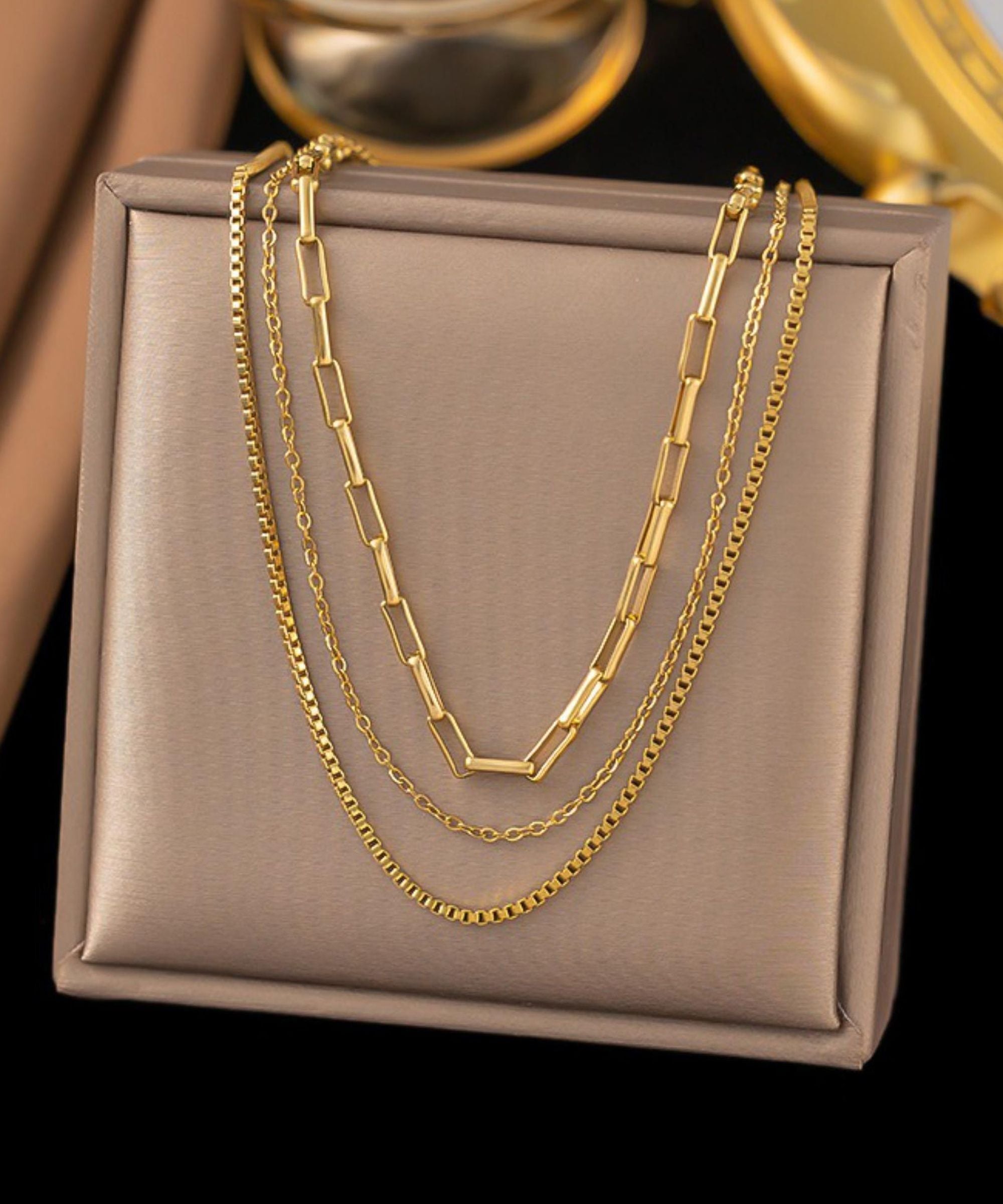 MYKI Triple Layer Minimal Chain Necklace – Anti Tarnish Gold Plated Layered Design (MK816G-SSYI)